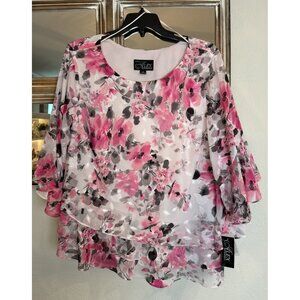 Alex Evenings Size 3X Chiffon Blouse Pink Layers Asymmetrical Floral NEW